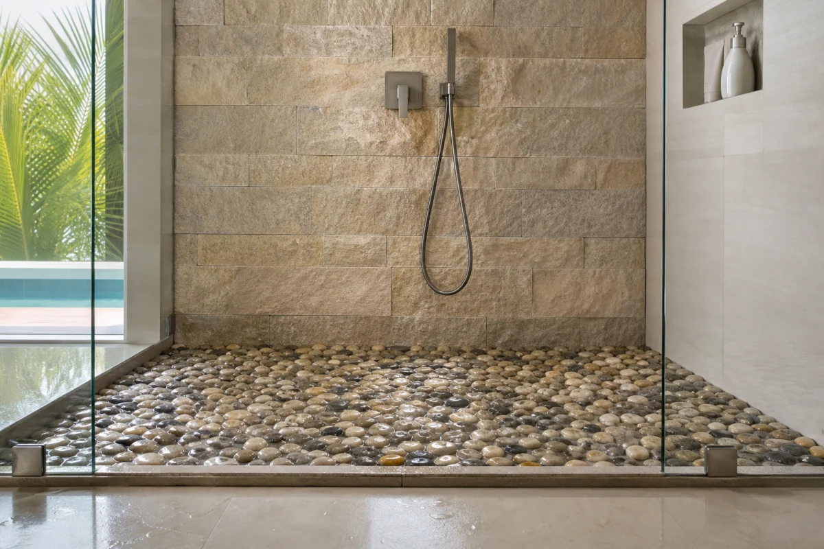 refaire sol douche italienne galet